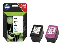 HP 62 - 2-pack - färg (cyan, magenta, gul), svartfärgad - original - bläckpatron N9J71AE#301