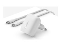 Belkin BoostCharge strömadapter - 24 pin USB-C - 20 Watt - MFI-certifierad - med USB-C till USB-C-kabel WCA006VF1MWH-B6